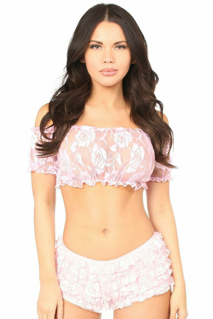 Baby Pink Sheer Lace Short Sleeve Peasant Top - Daisy Corsets