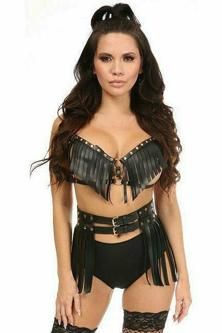 Black/Gold Vegan Leather Fringe Bra Harness - Daisy Corsets