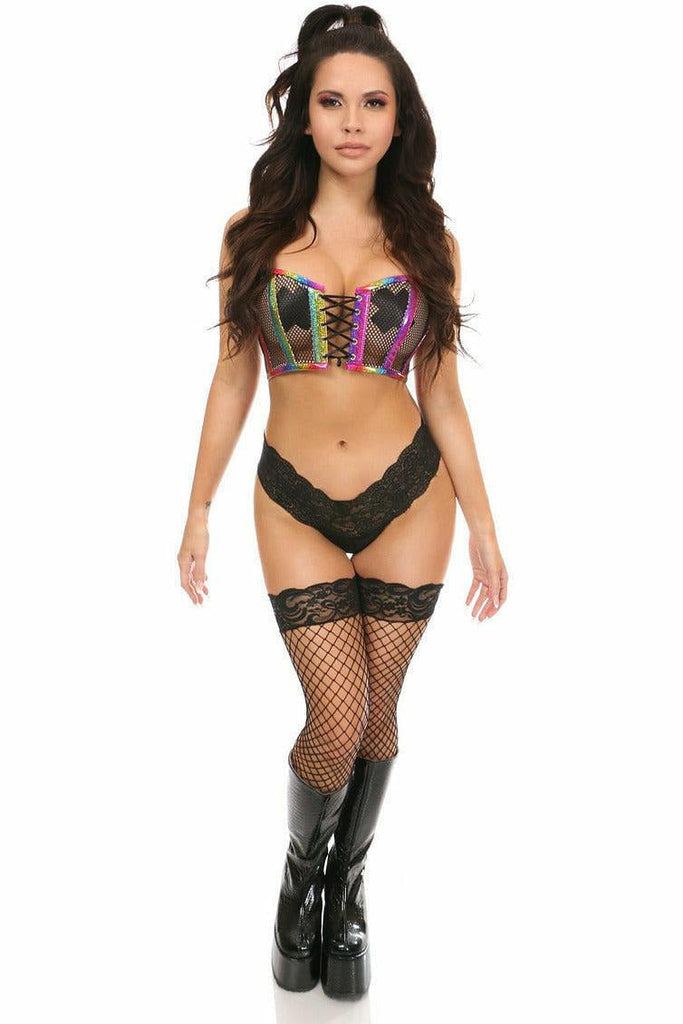 Lavish Rainbow PVC Glitter & Fishnet Lace-Up Short Bustier Top - Daisy Corsets