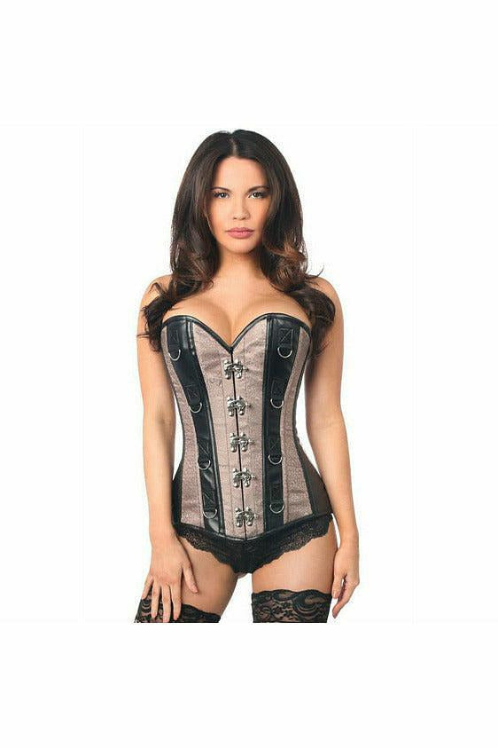 Top Drawer Gunmetal Brocade & Faux Leather Steel Boned Corset - Daisy Corsets